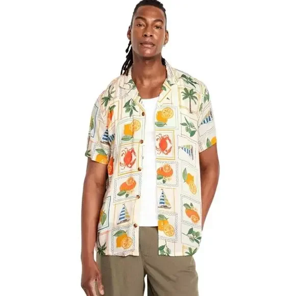 Old Navy Men's Short Sleeve Camp Shirt Retro Postcard Style Button Down Shirt - Picture 2 of 9